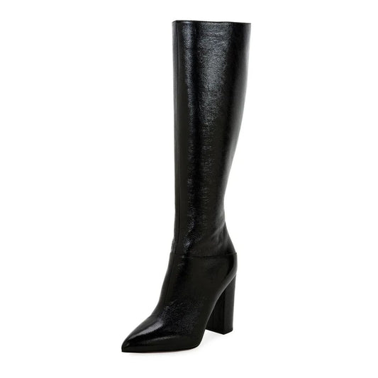 Black Chunky Heel Pointy Toe Knee High Boots