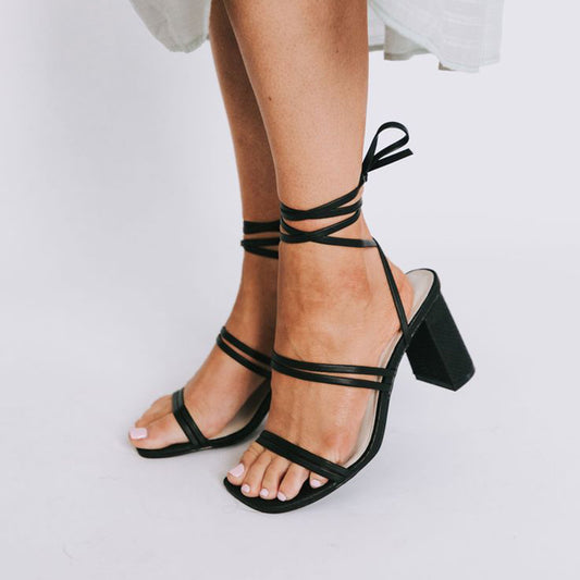 Black Square Toe  Classy Chunky Heels Wrapped Sandals Office Shoes