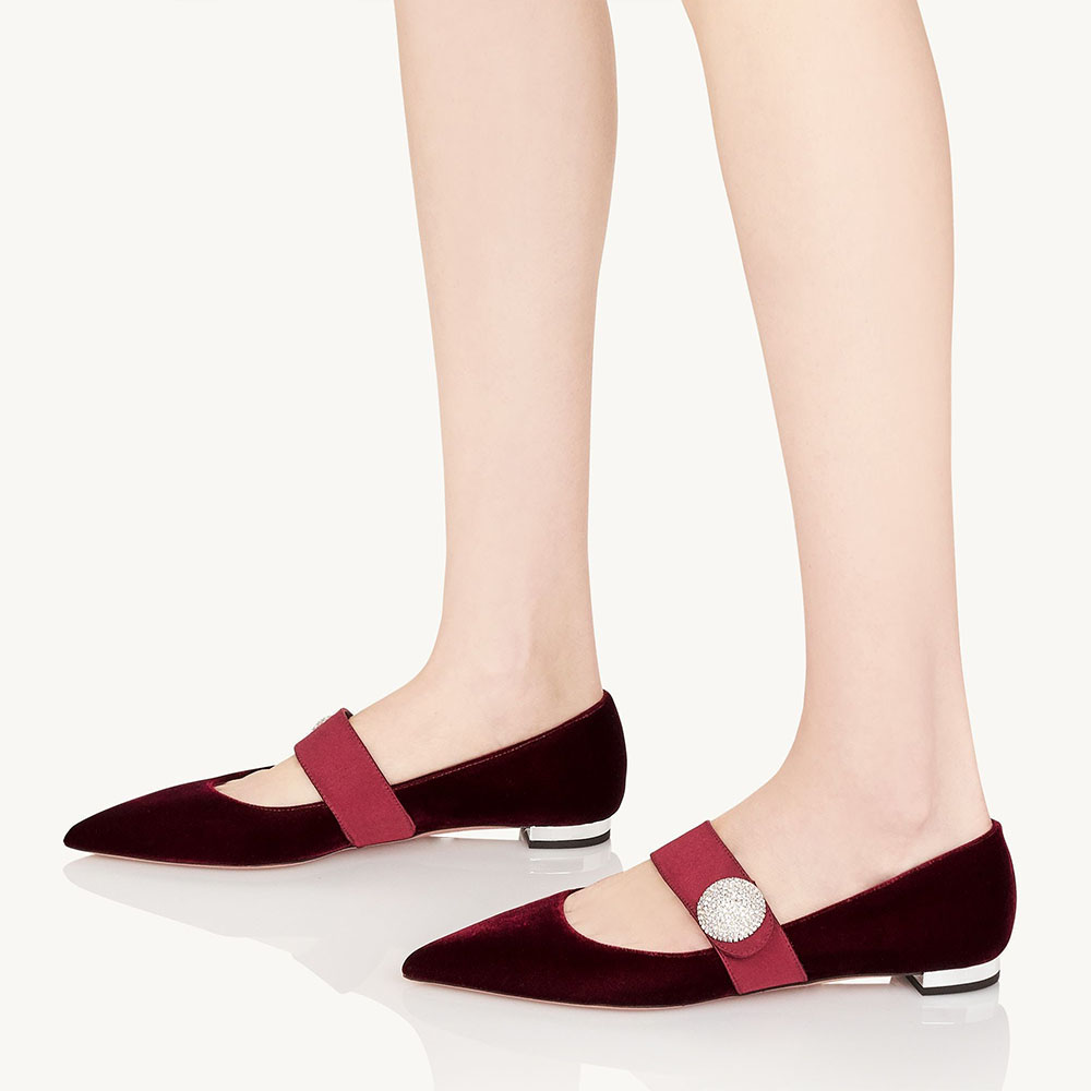 Maroon Velvet & Satin Pointed Toe Mary Jane Flats