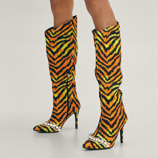 Women's Tiger Print Stiletto Heel Knee High Boots with Pearls