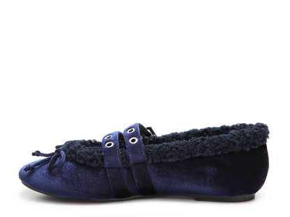FSJ Velvet Faux Fur Lined Comfy Ballet Flats in Navy Blue