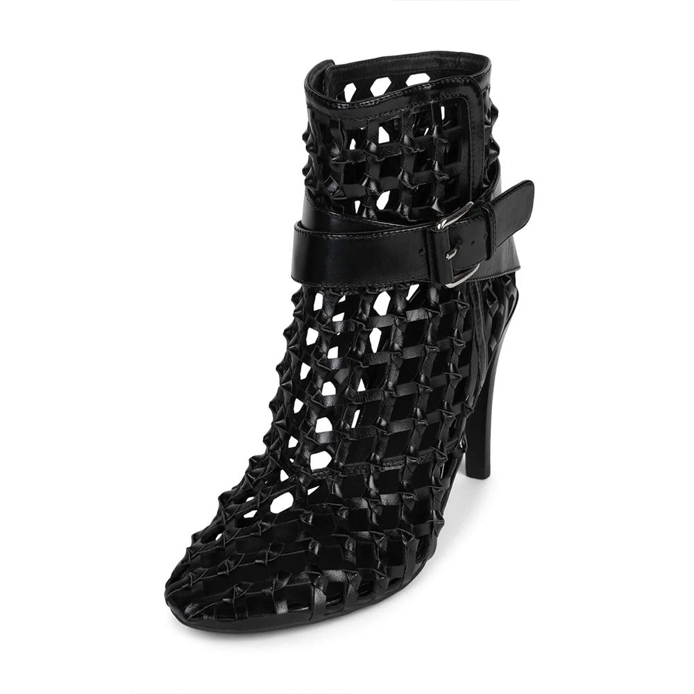 Black Woven Round Toe Stiletto Heel Ankle Boots with Buckled Strap