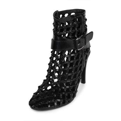 Black Woven Round Toe Stiletto Heel Ankle Boots with Buckled Strap