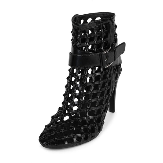 Black Woven Round Toe Stiletto Heel Ankle Boots with Buckled Strap