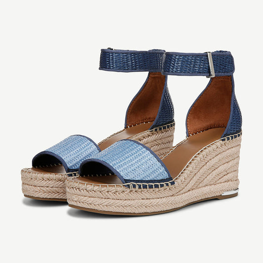 Blue and Navy Woven Open Toe Ankle Strap Espadrille Wedge Sandals