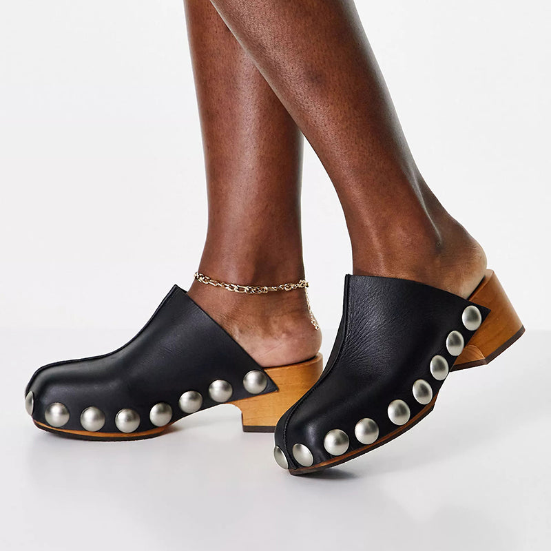 Black Faux Leather Round-Toe Studded Heeled Clogs Platform Mules