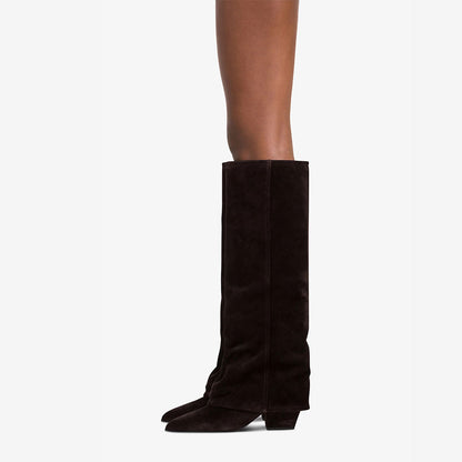 Dark Brown Pointed Toe Block Heel Fold Over Knee High Boots