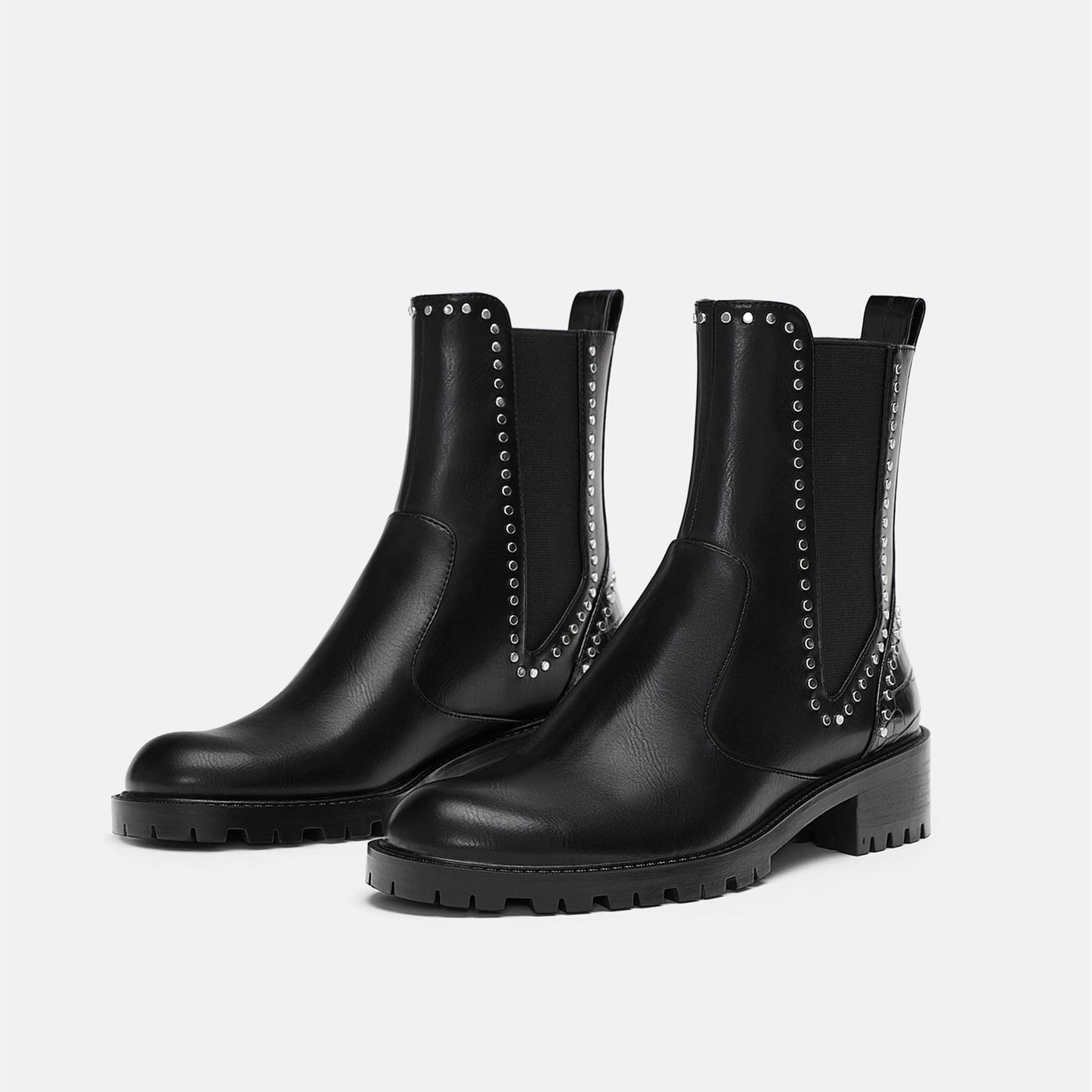 Black Vegan Leather Chelsea Boots Round Toe Studs Ankle Boots