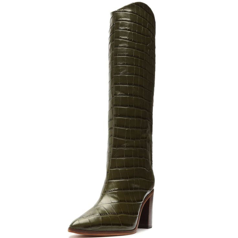 Olive Vintage Pointed Toe Croco Embossed Chunky Heel Knee High Boots