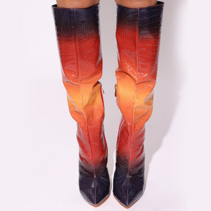 Women's Gradient Croco Embossed Decorative Heel Knee High Boots