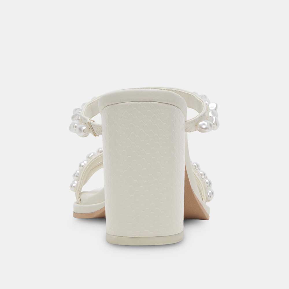 White Round Toe Chunky Heel Pearl-Studded Strappy Mules