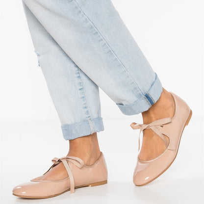 Blush Patent Leather Flats Women's Round Toe Lace Up Vintage Shoes