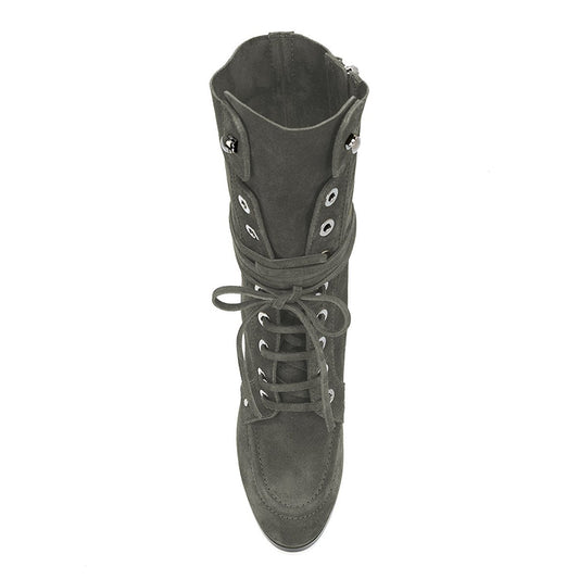 Grey Vegan Suede Lace Up Round Toe Chunky Heel Mid Calf Boots