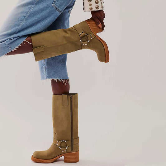 Olive Buckle Square Toe Chunky Heel Platform Zipper Mid Calf Boots