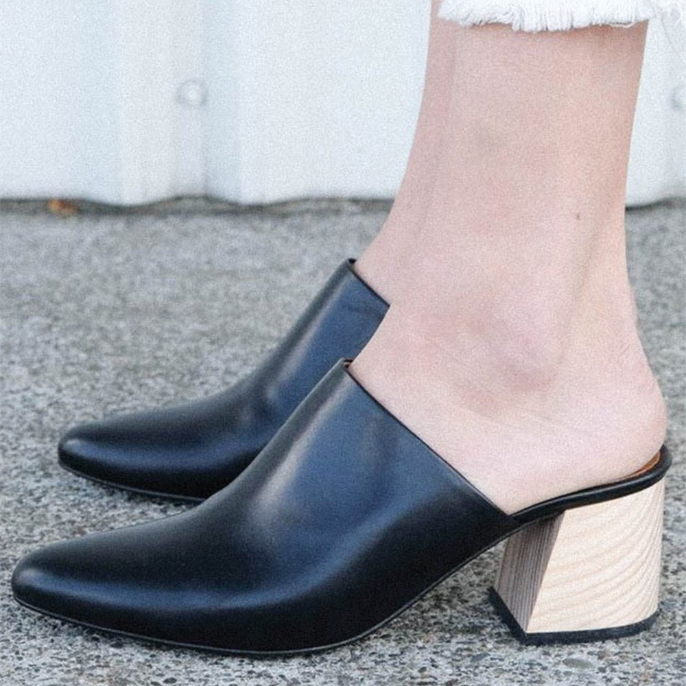 Women's Black Block Heel Pointed Toe Mules Shoes