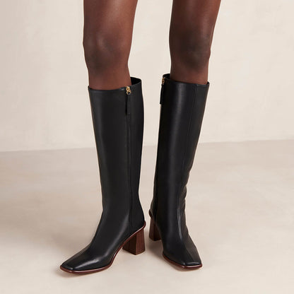 Black Vegan Leather Square Toe Chunky Heel Side-Zipper Knee High Boots