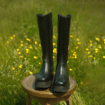 Black Square Toe Flower Inlay Chunky Heel Platform Mid Calf Boots