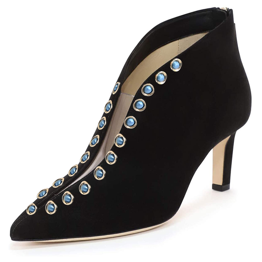 Black Vegan Suede V Cut PVC Pointed Toe Blue Decorated Ankle Boots