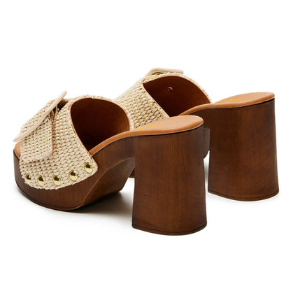 Beige Raffia Woven Open Toe Buckle Platform Mules Sandals with Studs