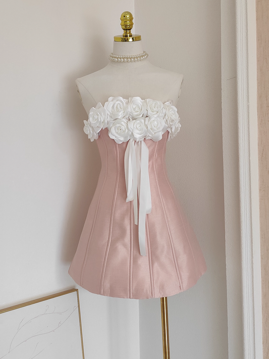 Vintage 3D Flowers Strapless A-Line Lace-up Satin Homecoming Dress Party Dress Short Cocktail Dress TP4844