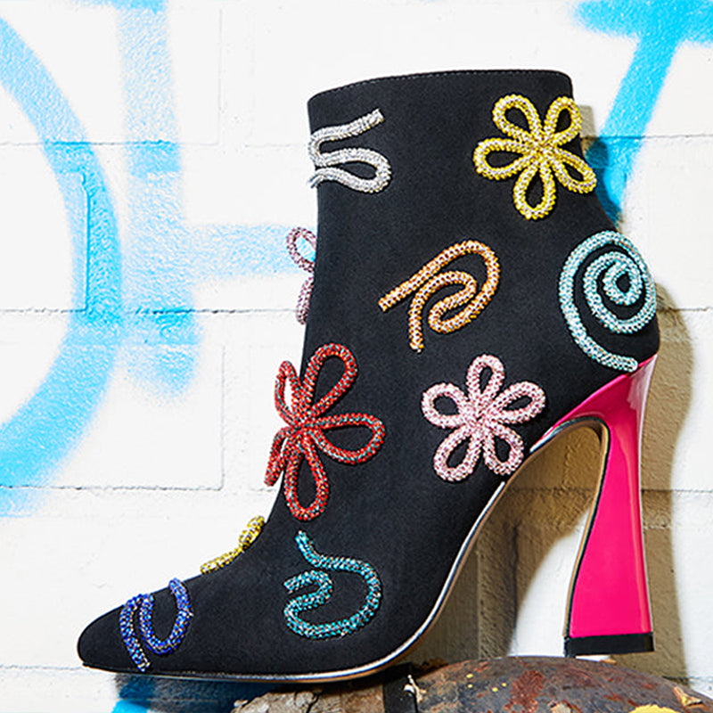 Black Spool Heel Multicolor Rhinestone Flower Ankle Boots for Women