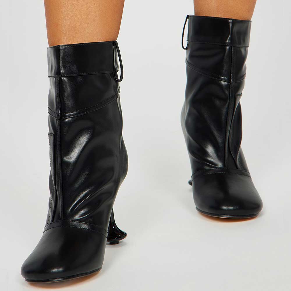 Black Round Toe Wide Ankle Boots Sculptural Heel Booties for Women
