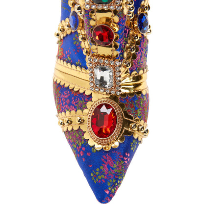 Blue Floral Jacquard Stiletto Heel Knee High Boots with Gem Decor