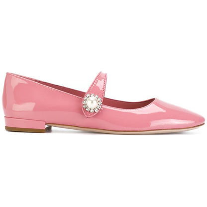 Pink Patent Leather Mary Jane Shoes Square Toe Flats with Rhinestone