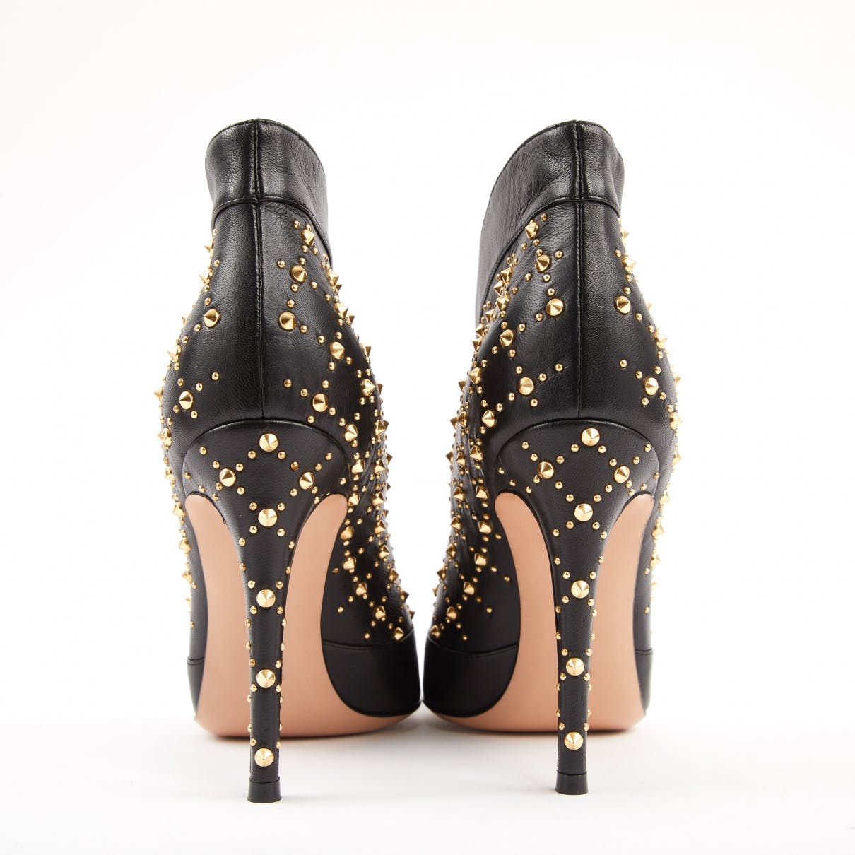 Black Pointed Toe Low Cut Stiletto Heel Ankle Boots with Gold Stud