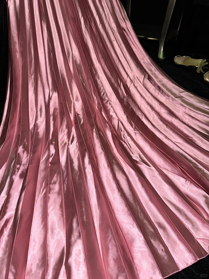 Glamorous Rose Pink Satin Pleated Halter Neck Beaded Embroidered Bodice Evening Gown TP5359