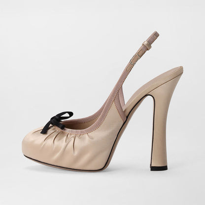 Beige Satin Pleated Chunky Heel Bow Slingback Pumps with Platform