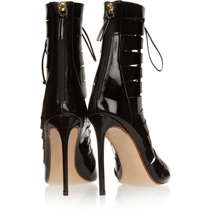 Black Patent Leather Tie Up Ankle Boots Stiletto Heel Peep Toe Booties