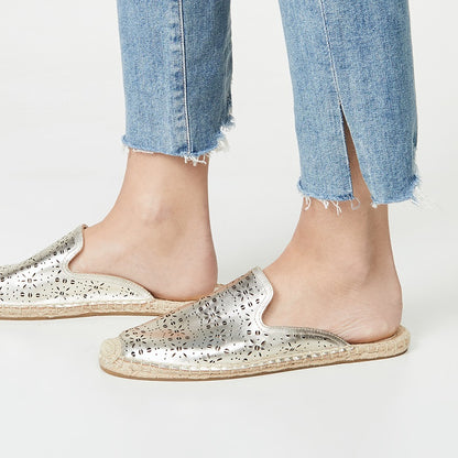 Champagne Espadrille Flats Round Toe Cut-Out Loafer Mules for Women