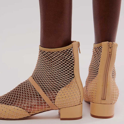 Beige Fishnet Round Toe Block Heel Back-Zip Ankle Boots