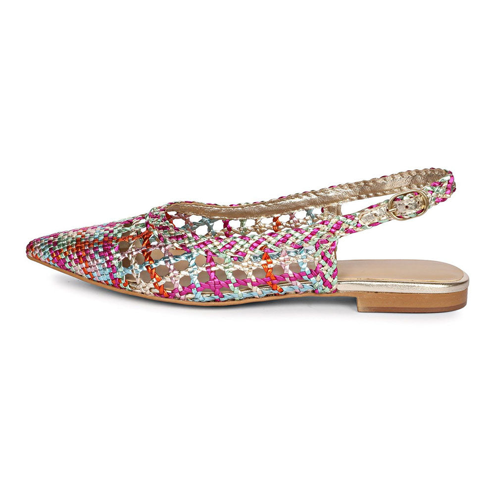 Multicolor Woven Pointed Toe Cut-Out Slingback Flat Shoes Women