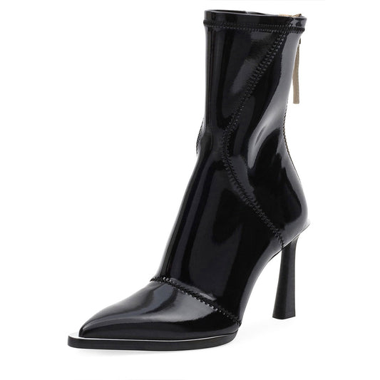 Black & Beige Patent Leather Pointy Toe Women's Heeled Ankle Boots