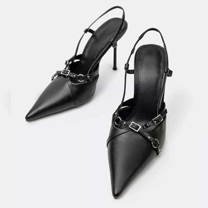 Women's Pointed Toe Buckle Cross Strap Slingback Black Pumps by FSJ