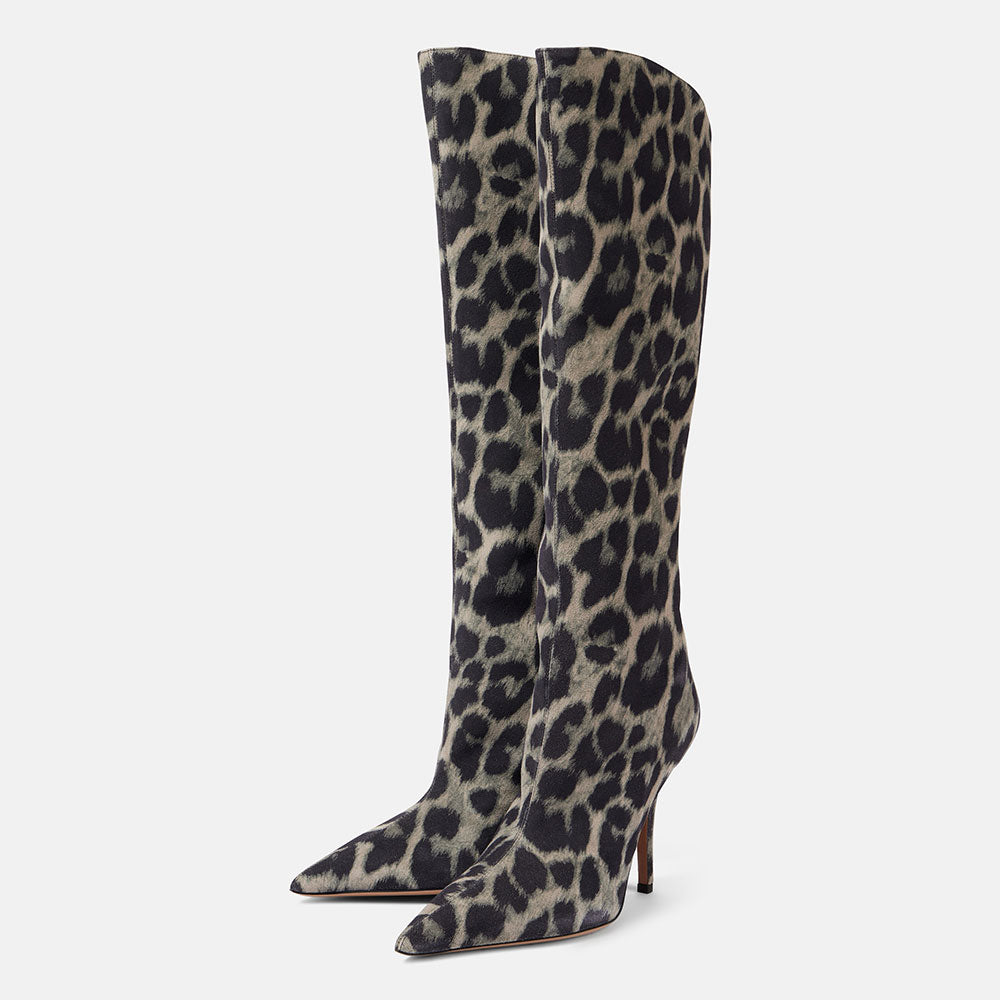Black & Gray Leopard Print Pointy Toe Stiletto Heel Knee High Boots