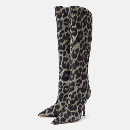 Black & Gray Leopard Print Pointy Toe Stiletto Heel Knee High Boots