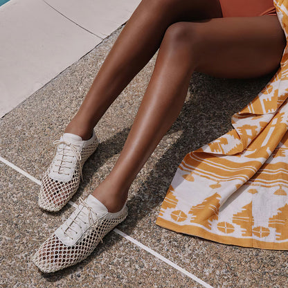 White Mesh Square Toe Woven Lace-Up Flat Shoes foe Women