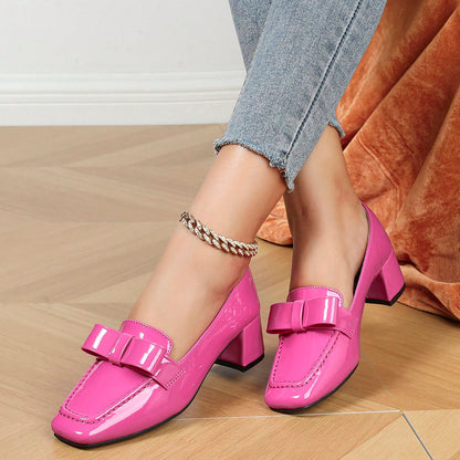 Pink Patent Leather Square Toe Chunky Heel Loafers with Bow