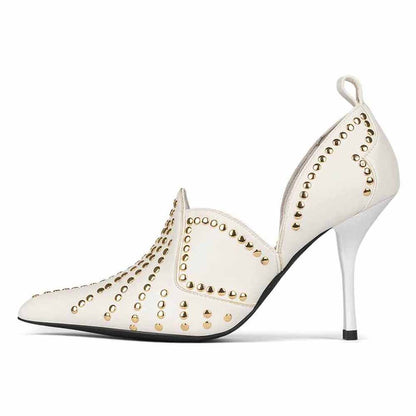 Women's Pointed Toe Gold Studded Stiletto Heels D'Orsay White Pumps