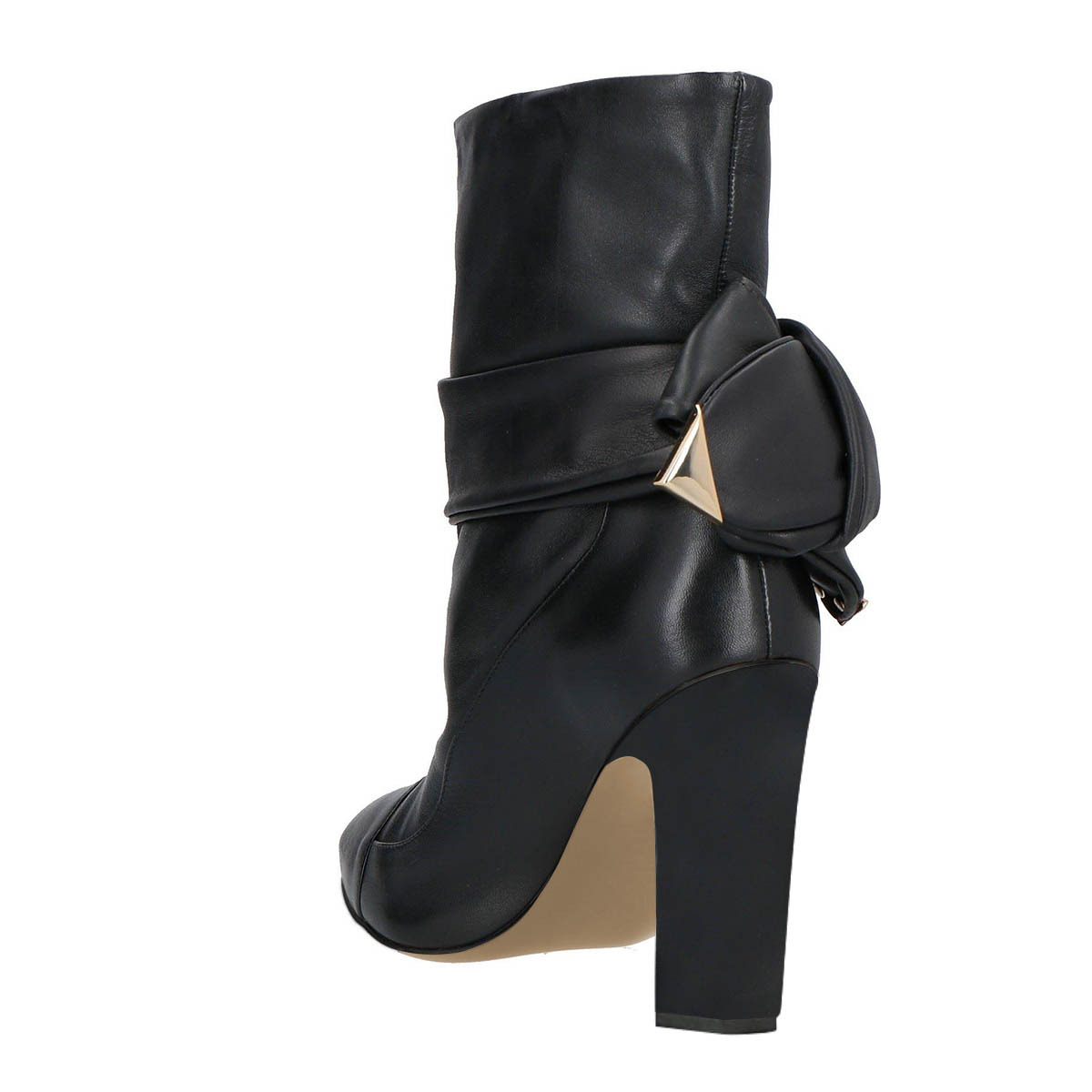 Black Pointed Toe Chunky Heel Knot Strap Ankle Boots for Women