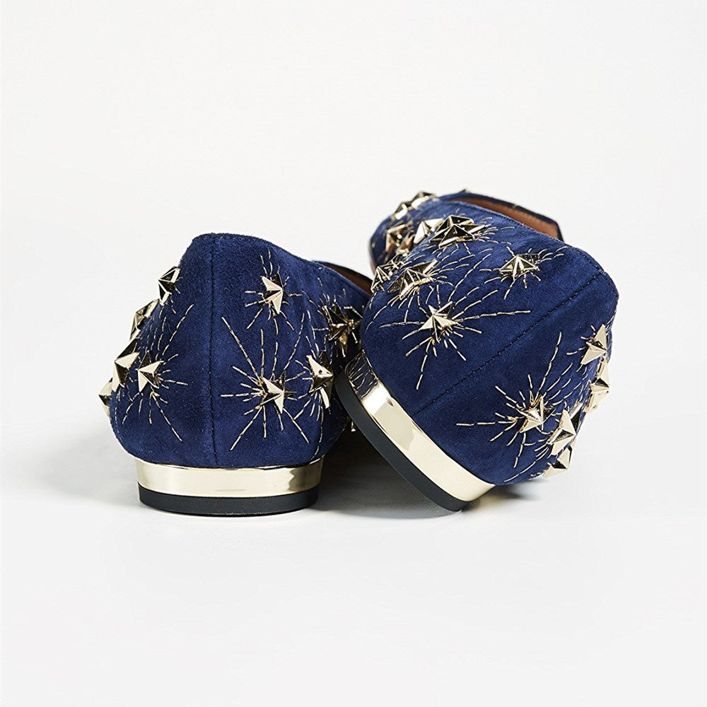 Navy Stars Studded Pointed Toe Comfortable Flats