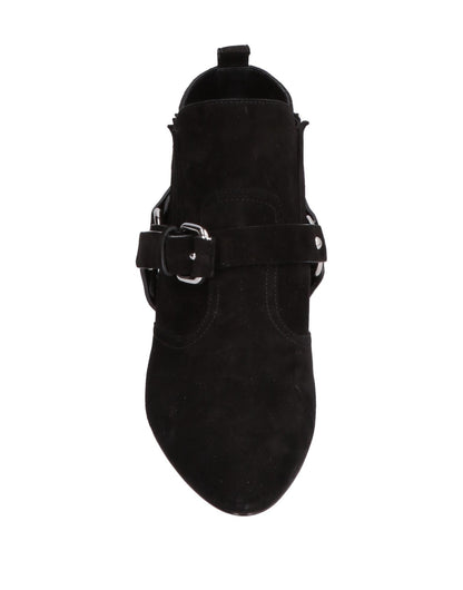 Black Buckle Fashion Booties Block Heel Vegan Suede Ankle Boots