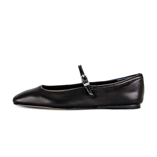 Black Vegan Leather Square Toe Mary Jane Ballet Flats with Buckle