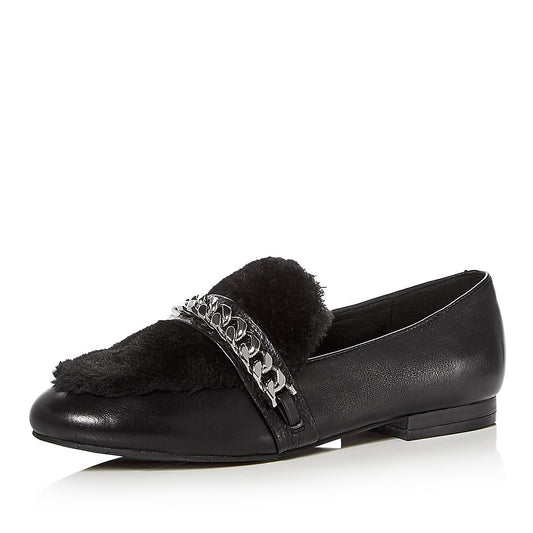 Black Round Toe Faux Fur Flats Chain Strap Loafer Shoes Women