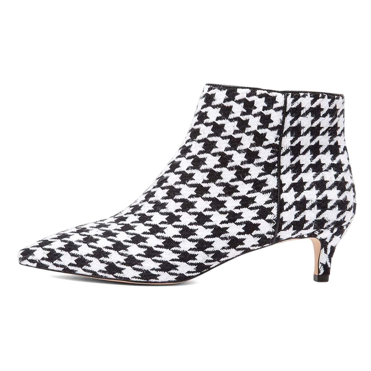 Women's Black and White Houndstooth Kitten Heel Ankle Boots with Zip