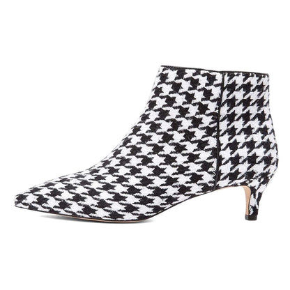 Women's Black and White Houndstooth Kitten Heel Ankle Boots with Zip