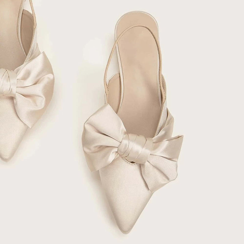 Beige Satin Bow Bridal Shoes Elegant Pointed Toe Slingback Flats
